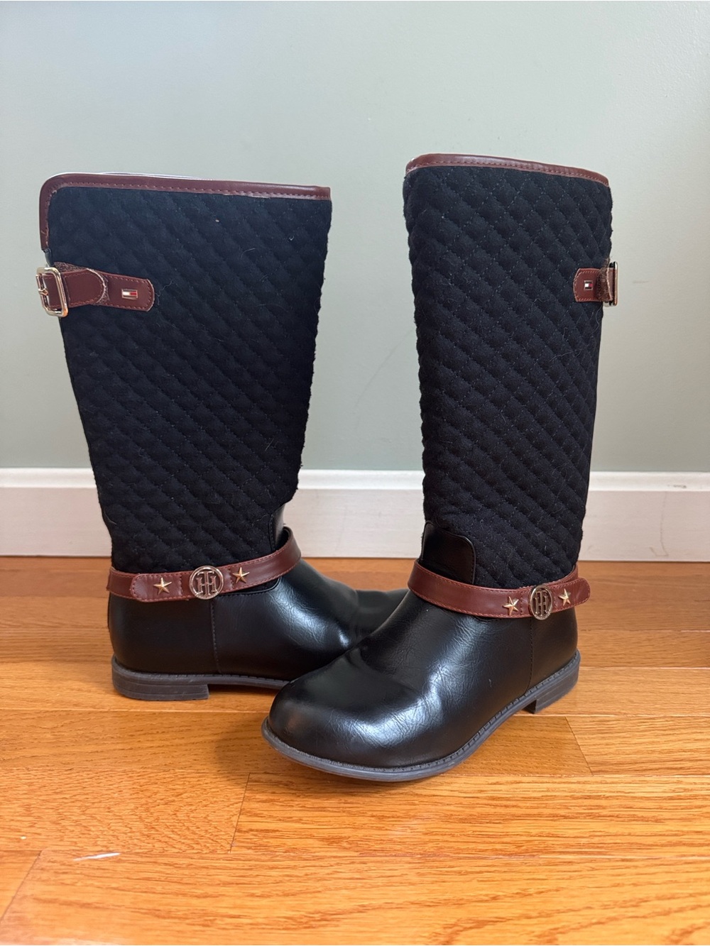 Tommy Hilfiger Black Quilted and Brown Trim Kids Riding Boots